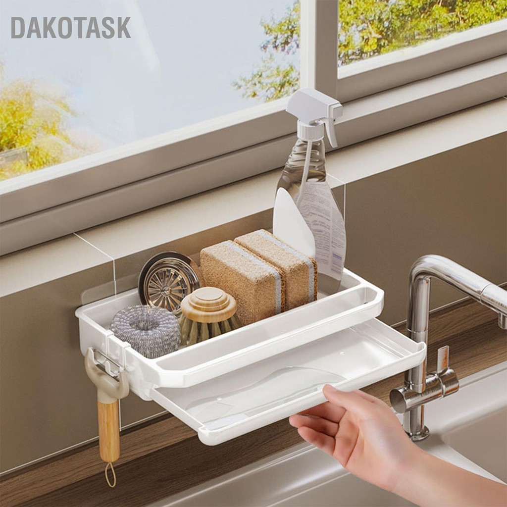 DAKOTASK ห้องครัวสีขาวราวแขวนท่อระบายน้ำพร้อมตะขอแขวน 2 อันไม่มีผ้าทำความสะอาดผ้าเช็ดทำความสะอาดก๊อกน้ำที่วางติดผนัง