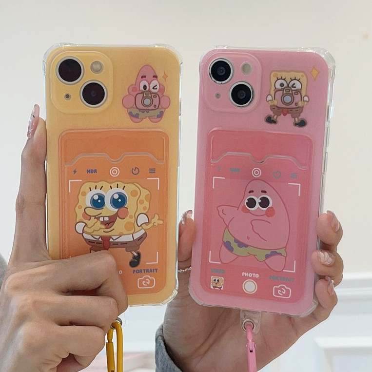 คู ่ รัก!Spongebob Patrick Baby Card Holder Soft TPU Case HP สําหรับ iP iPhone 12 13 14 15 Pro Max 11 ตุ ๊ กตาจี ้ Casing Apple