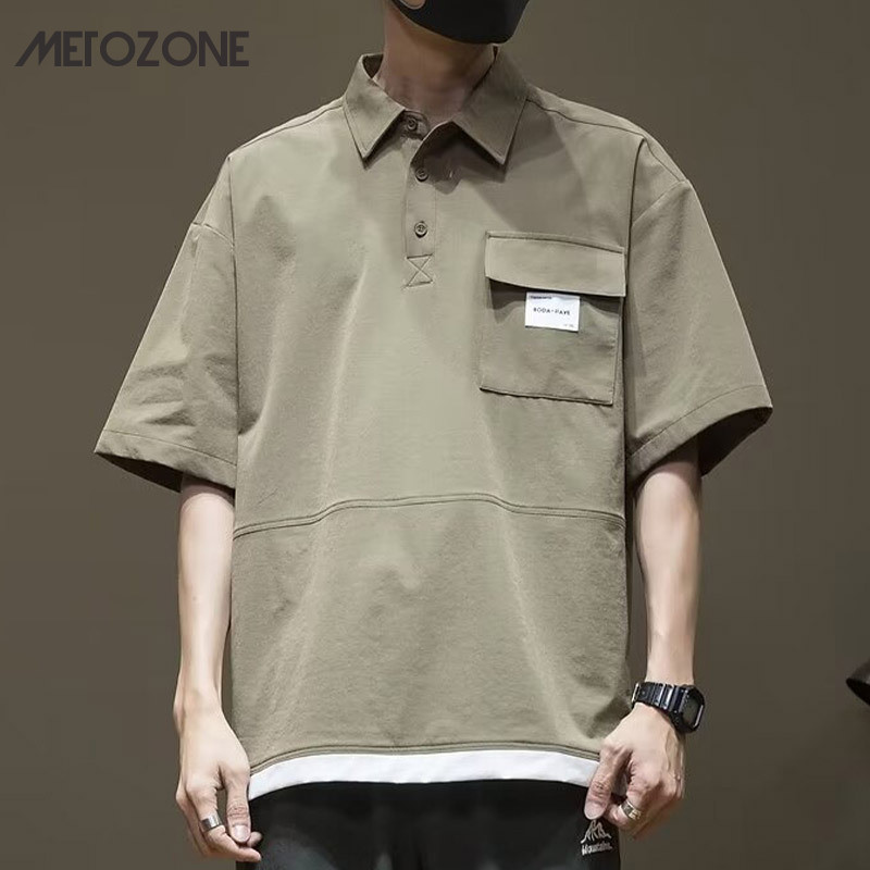 Metozone เสื้อโปโลเทรนด์ฤดูร้อนสไตล์ญี่ปุ่นหลวมสำหรับผู้ชาย เสื้อเชิ้ตโอเวอร์ไซส์ อุปกรณ์อเนกประสงค์ แขนสั้น