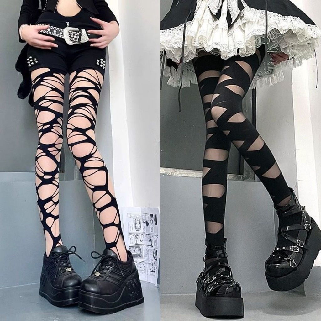 Air มีด Fishnet ถุงน่อง y2k Bad Gothic Jumpsuit Dark Hollow สีดํา Punk ถุงน่อง Millennium สาวร้อน ins หญิงตัด VZRR