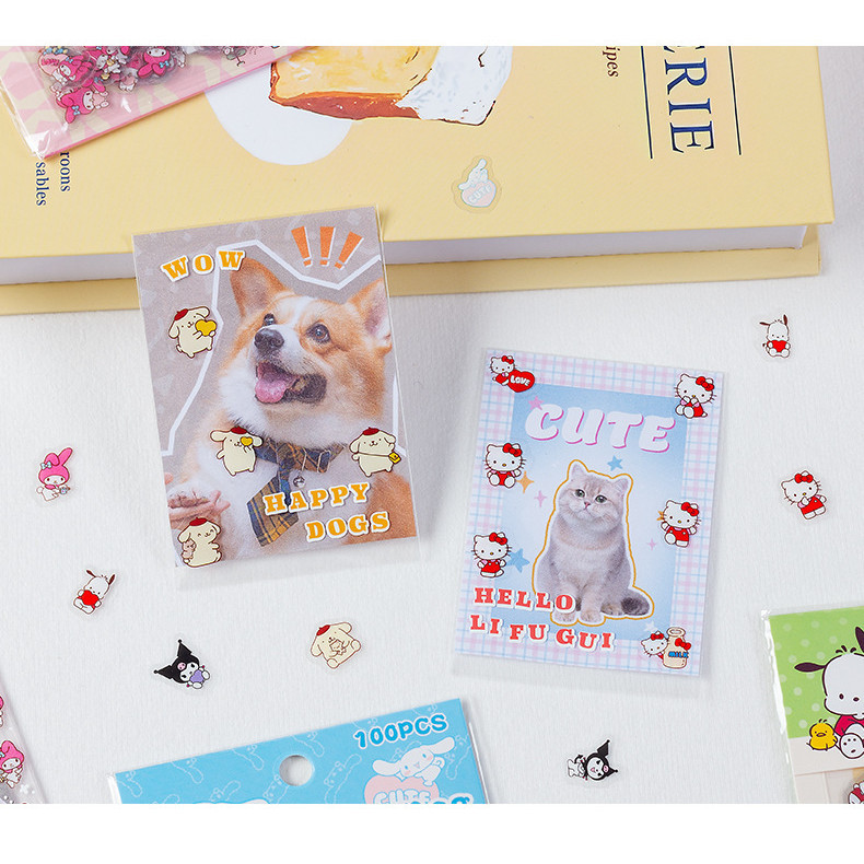 100pcs Sanrio สติกเกอร์โปร่งใสกันน้ําสติกเกอร์สัตว์เลี้ยง DIY คู่มือไดอารี่ตกแต่งสติกเกอร์การ์ตูน Mini สติกเกอร์