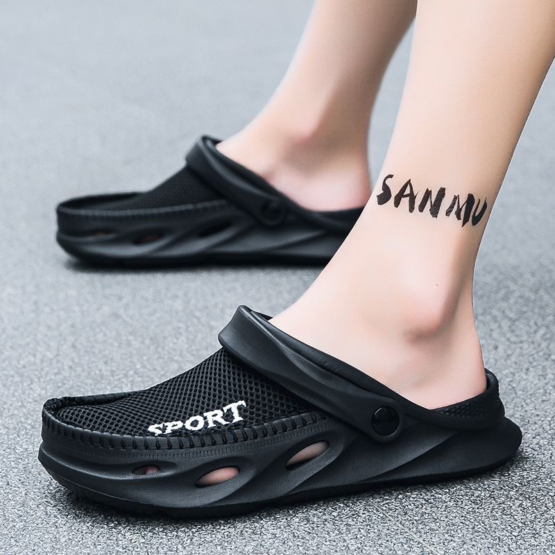 Extraordinary 2024 Lazy Hole รองเท้าครึ่งรองเท้าแตะผู้ชายฤดูร้อนสวมใส่ด้านนอกพื้นผิวตาข่าย Anti-slip Soft Sole กีฬาขับรถ Dual