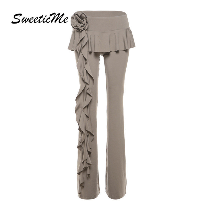 Sweeticme ผู ้ หญิง 2024 ใหม ่ แฟชั ่ นสีทึบดอกไม ้ ตกแต ่ งสบายๆกางเกงไม ่ สม ่ ําเสมอ