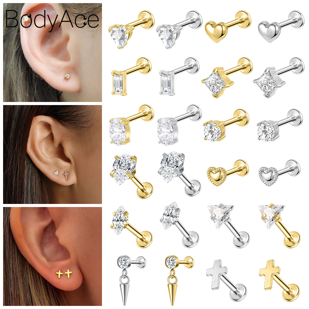 Bodyace 1PC คริสตัล Lip Stud Drop หูเจาะรูปหัวใจ Labret แหวนสแตนเลส Lip Piercing เครื ่ องประดับ 16G Dangle ต ่ างหู