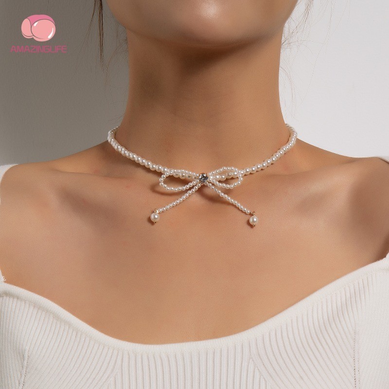 สร้อยคอไข่มุกหวานแฟชั่น 1 ชิ้น - โซ่กระดูกไหปลาร้า Rhinestone เรียบง่าย - เครื่องประดับสร้อยคอหรูหราอารมณ์