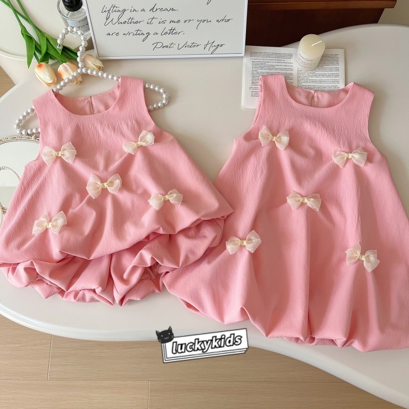 ฤดูร้อนหวานเด็กผู้หญิงสีชมพู mes bowknot bud กระโปรงชุดแขนกุด sundress/เสื้อกั๊ก + กางเกงขาสั้นเสื้อผ้าชุด