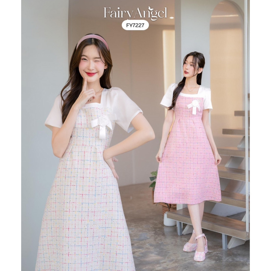 Fairyangelstore - เดรสกระโปรงยาวผ้าทวิสคอเหลี่ยมแต่งโบว์ (FY7227)