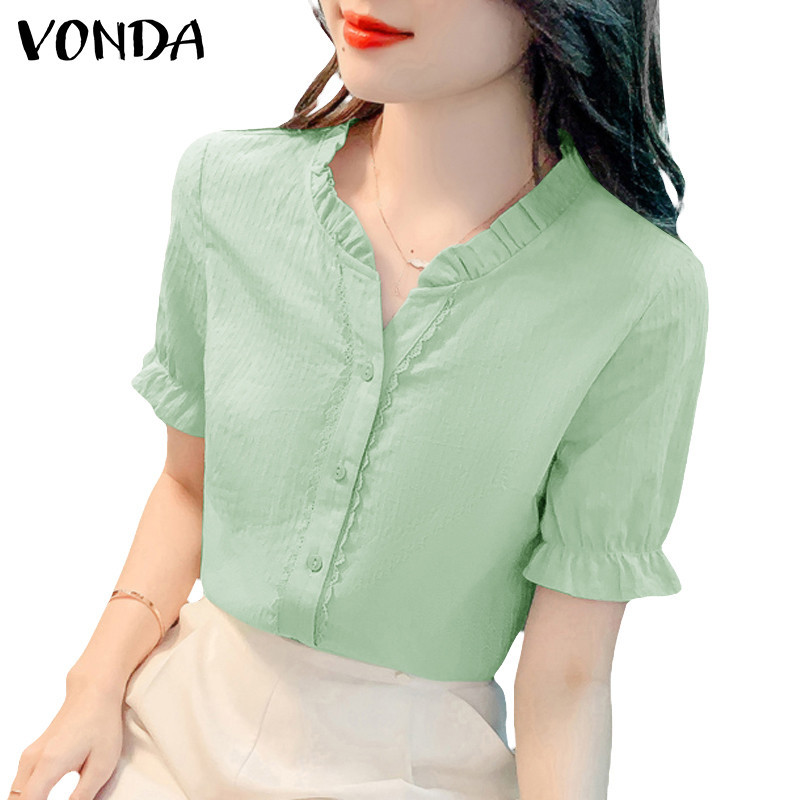 Vonda ผู ้ หญิงเกาหลีลําลองคอวีสีทึบแขนสั ้ นเสื ้ อกระเป ๋ าปลอม