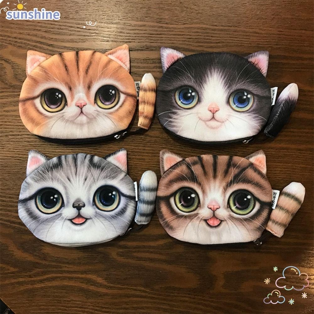 Ssunshine กระเป๋าใส่เหรียญหน้าแมว,กระเป๋าใส่เหรียญตุ๊กตาสัตว์,กระเป๋าโทรศัพท์ออกแบบหางแมวนุ่มผู้หญิง
