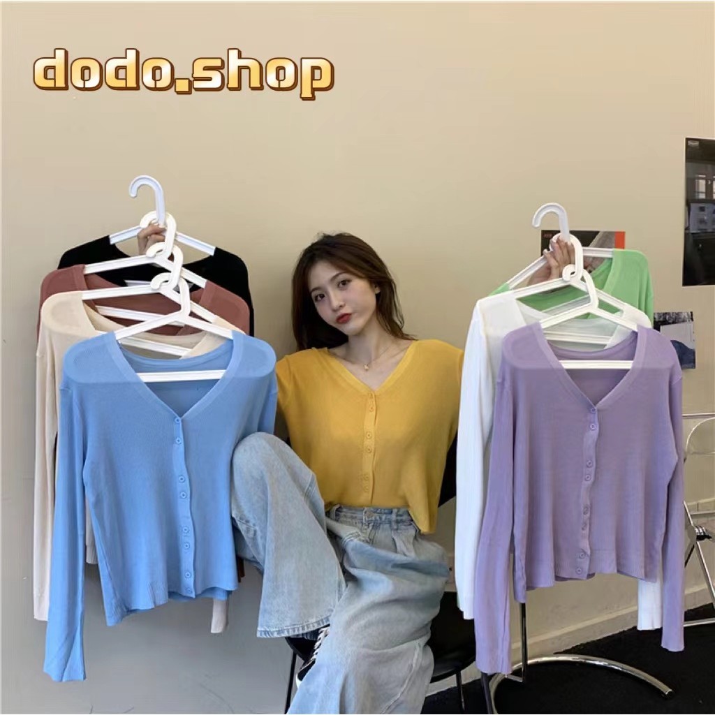DODO⭐️พร้อมส่ง⭐️เสื้อแขนยาวผ้าไหมพรม คอวี ใส่สบายมาก เนื้อนุ่มๆน่ารักๆ เสื้อคลุมกันแดดแขนยาว(8175)