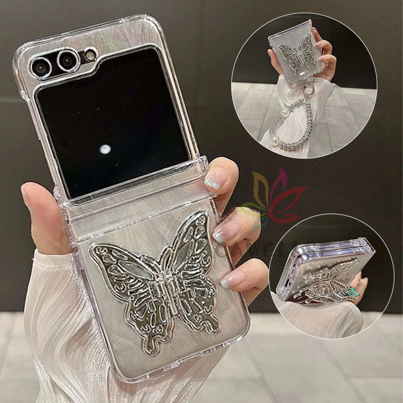 SAMSUNG หรูหราglitter Clear Hard PCปลอกSamsung Galaxy Z Flip 5 Z Flip 6 Z Flip 4 3 กรณีผีเสื้อขาตั้งผู้ถือสร้อยข้อมือเพชรฝาครอบกันกระแทก