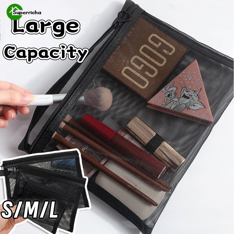 ถุงซิป 3 ขนาด - Travel Toiletry Organizer - กระเป๋าเก็บลิปสติก - Make up Brush Bag - Portable, Transparent, Large Capacity - Black Mesh Cosmetic Bags