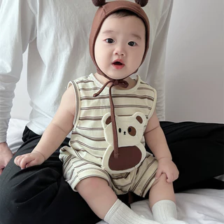 ฤดูร้อนใหม่เสื้อผ้าเด็กคุณภาพสูงชายหญิงแขนกุด ชุด สุด ๆ น่ารักผ้าฝ้ายแท้การ์ตูนหมี ชุดรอมเปอร์