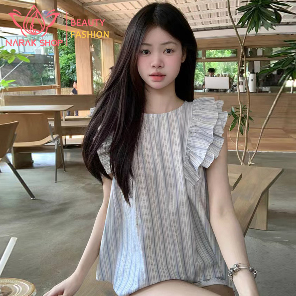 พร้อมส่ง เสื้อแขนกุดแต่งระบาย ลายทาง คอกลม สไตล์มินิมอล