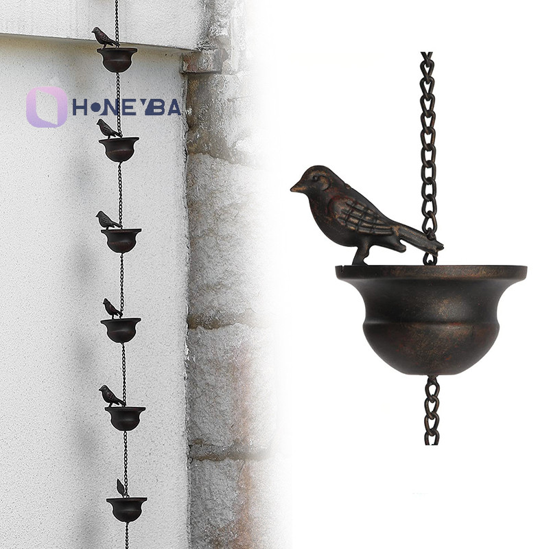<Honeyby> โซ่ฝนสําหรับ Gutters Mobile Birds On Cups Rain Chimes Divert Water Away พร้อมที่แขวนที่แนบมา Dark Bronze Home Décorading Nice