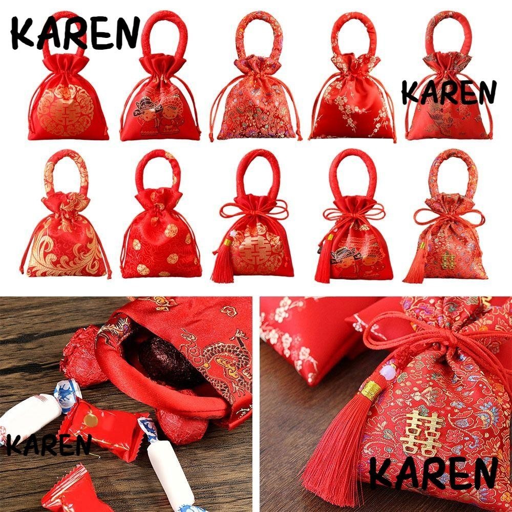 Karen Drawstring Candy Bag,ปี Lucky กระเป ๋ าผ ้ าไหม Fu Bag , 2024 ผ ้ าสีแดงจีน Knot Red Candy Bag Party Supplies
