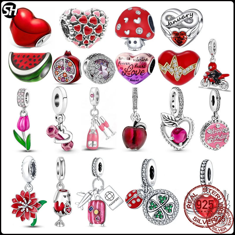 S925 เงินสเตอร ์ ลิงสีแดงชุดรูปหัวใจ charms ลูกปัด Fit charms สร ้ อยข ้ อมือลูกปัด Lucky เครื ่ องประดับของขวัญ DiyAccessories