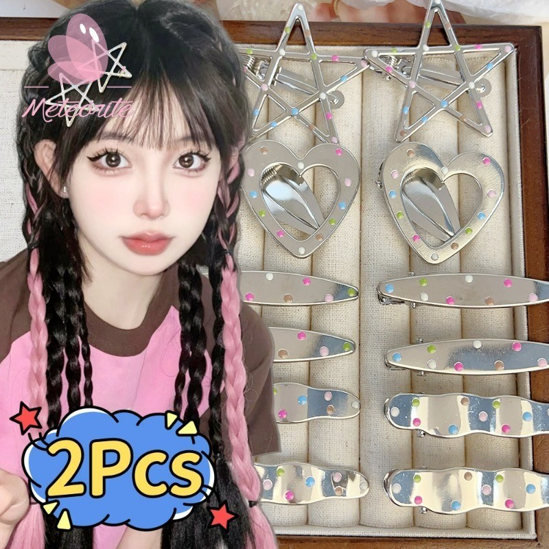 กิ ๊ บโลหะหัวใจเงินเกาหลี - Girls Love Heart Metal Barrettes Headwear - Y2k สี Dot BB คลิปเครื ่ องประดับผม