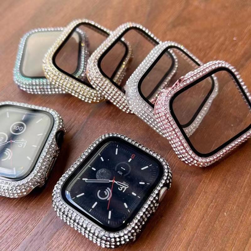 Diamond Watch Case + กระจกนิรภัยสําหรับ Apple Watch 38 มม.40 มม.42 มม.44 มม.41 มม.45 มม.IWatch Cover