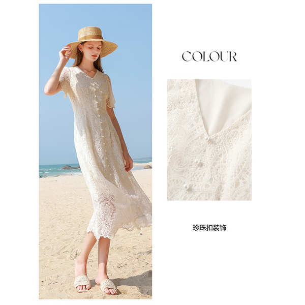 dress เดรสลูกไม้ Sancai 2024 ฤดูร้อนใหม่สีขาวแสงจันทร์ลูกไม้กระโปรงฝรั่งเศสคอวีชุดเอว A-Line กระโปรงสีขาวกระโปรงยาวผู้หญิง