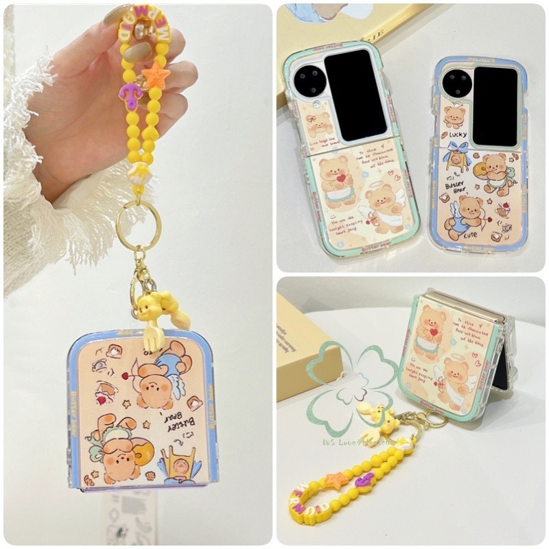 สร้อยข้อมือ เคสซิลิโคนอ่อนนุ่ม OPPO Find N3 N2 Flip Contrast Color Frame Clear Casing สายรัดข้อมือ Angel Bears Pattern กันกระแทกฝาหลัง