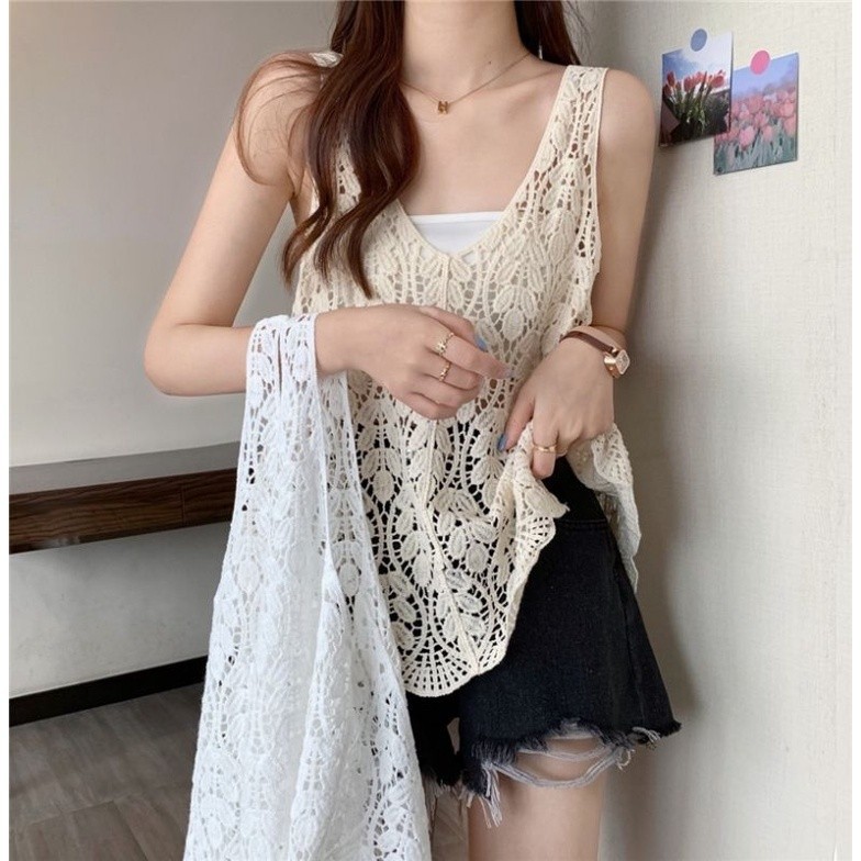 Glassy Sky 💖พร้อมส่ง💖เสื้อกล้ามผู้หญิง เสื้อกล้ามถักไหมพรม ลายใบไม้ ซีทรูเบาๆ (19122) -C