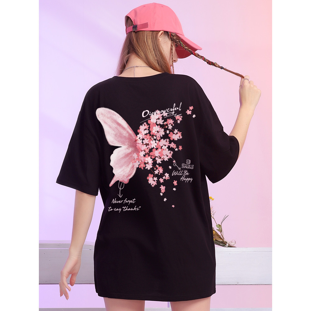 COD (กรุงเทพจัดส่งสินค้า)BOOM Shop พิมพ์ผีเสื้อกลีบดอก เสื้อยืดโอเวอร์ไซส์แขนสั้น Oversize เสื้อผ้าแฟชั่นสไตล์เกาหลี