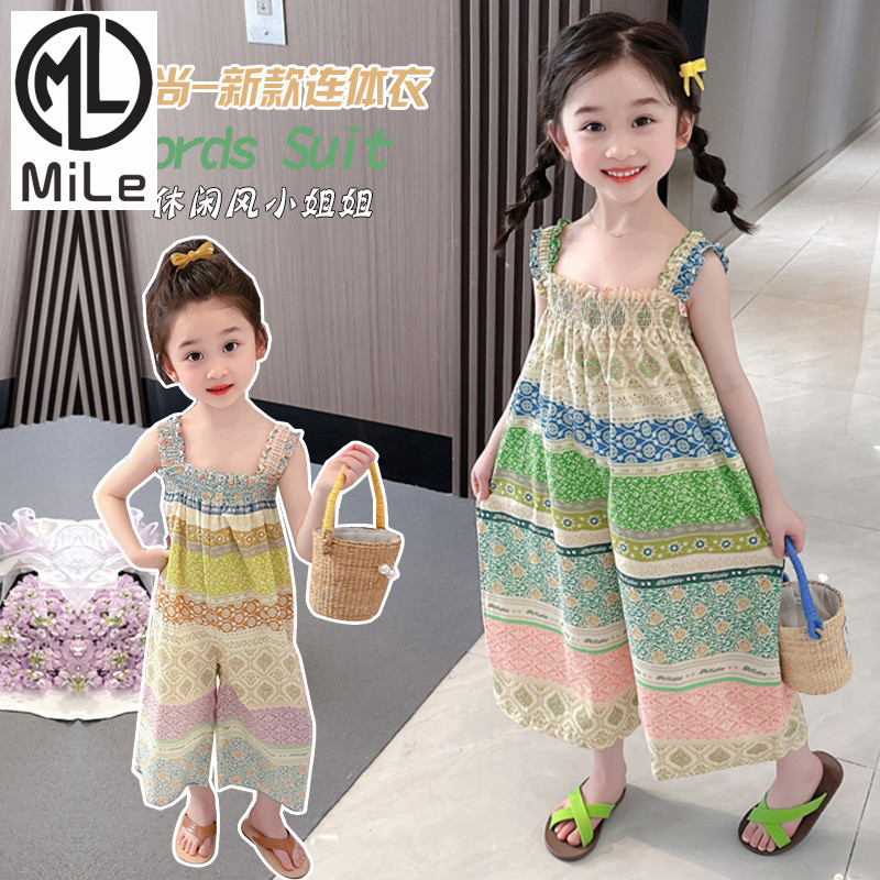 [มล] 90-140ซม สลิงเด็กหวานดอกไม้เย็บสี ชุดจั๊มสูท ฤดูร้อนสไตล์ใหม่สาวสไตล์บางแฟชั่นแขนกุดชุดสูทขากว้าง