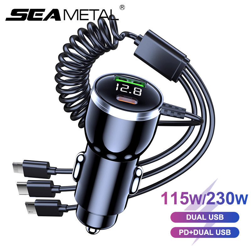 Seametal 230W Car Charger 3 In 1 Fast สายชาร์จ PD Type C QC3.0 USB C รถชาร์จโทรศัพท์สําหรับ Samsung Iphone Xiaomi