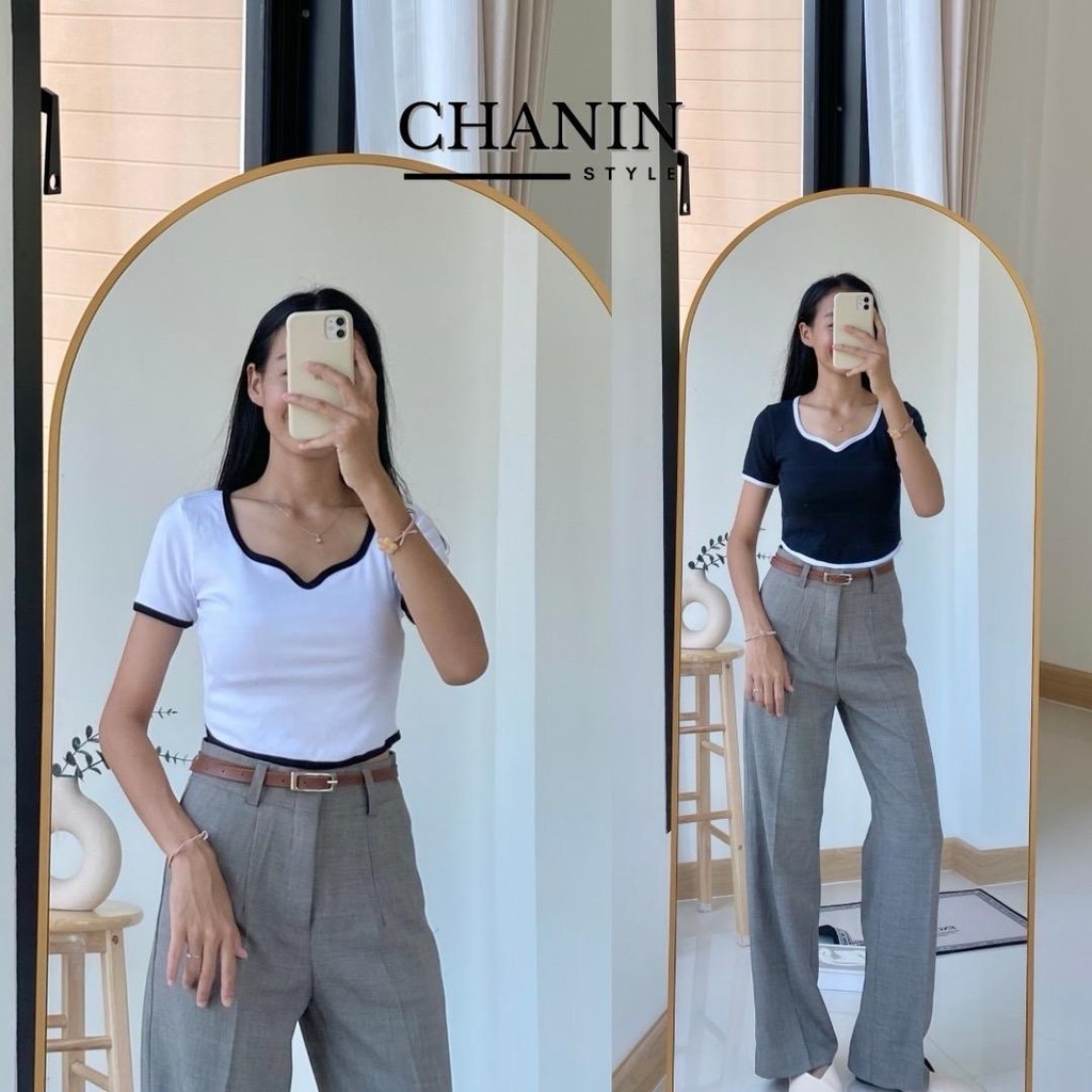 CHANIN.STYLE️-เสื้อยืดคอหยดน้ำ ทรงสวยผู้ดี อก28-36“ ผ้าร่องยืดใส่สบาย ไม่ต้องรีด พร้อมส่ง