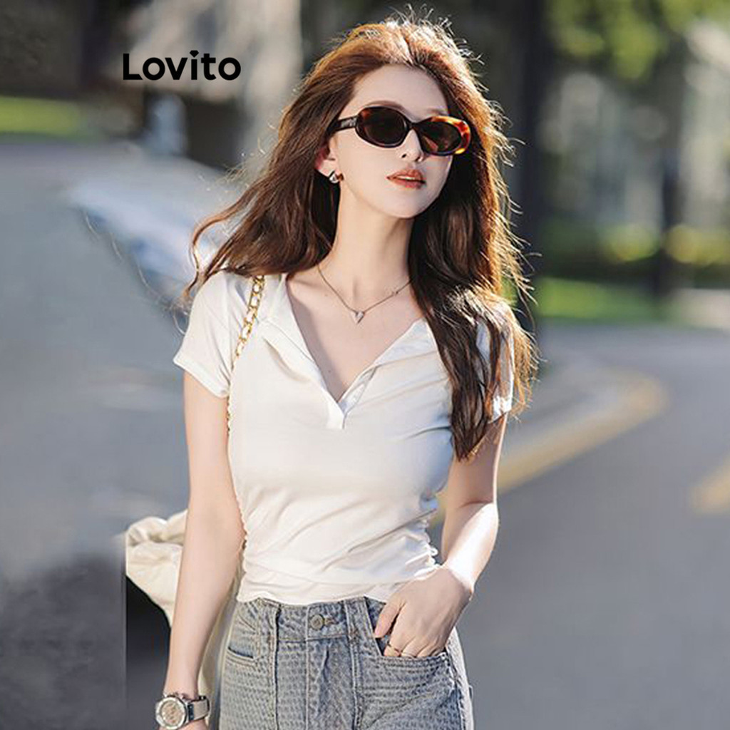 Lovito เสื้อยืดผู้หญิง สีพื้น สไตล์ลำลอง สไตล์ลำลอง LNE53290