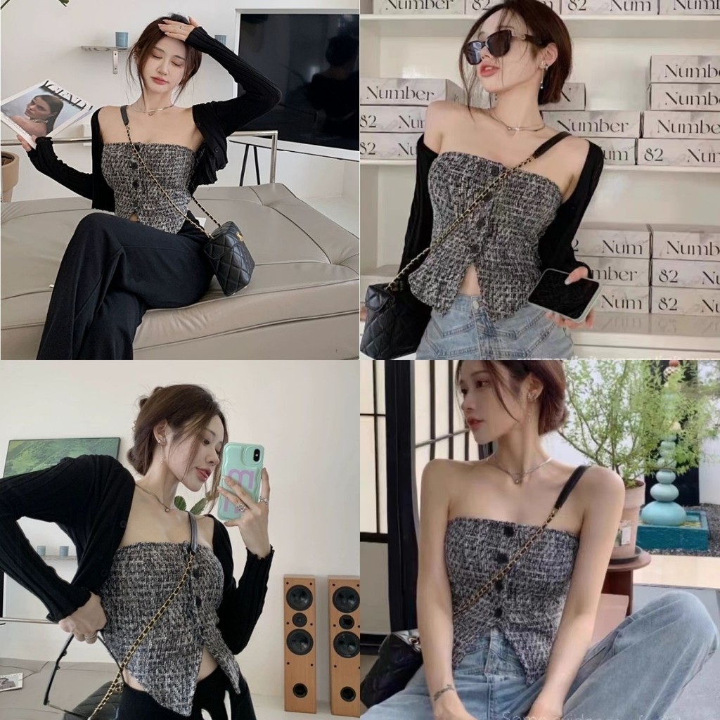 Glassy Sky พร้อมส่ง เสื้อเชิ้ตเกาะอกผ้าไหม กระดุมหน้า 4 สี แฟชั่นผู้หญิง (J235)