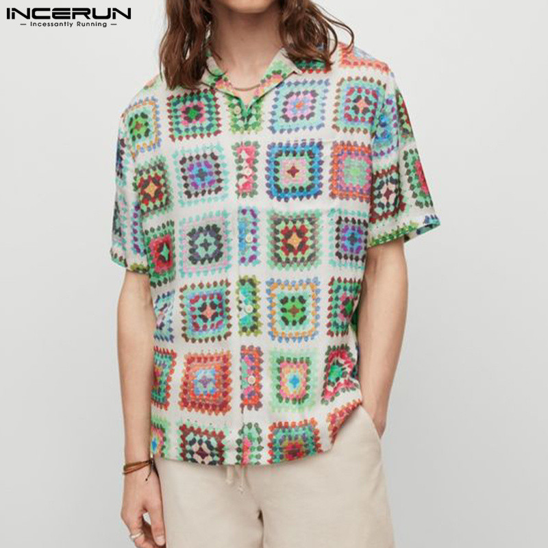 Incerun เสื้อเชิ้ตแขนสั้นพิมพ์ลายตาข่ายลําลองสําหรับบุรุษวินเทจ