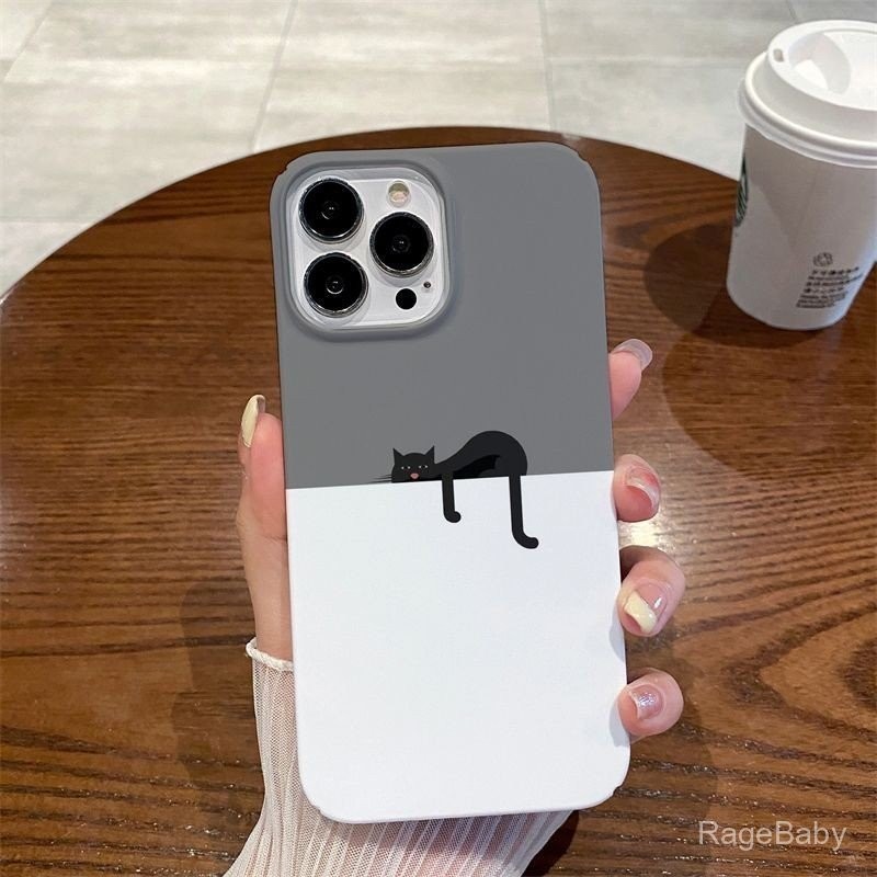 Simple Black Lazy Cat Cat iPhoneเคสโทรศัพท์เหมาะสําหรับiPhone 11 12 13 14 15 pro max 11promax 13promax 14promax xr xsmax 7plus 13proโทรศัพท์มือถือป้องกันกรณีAnti-strike Matte Hard Case