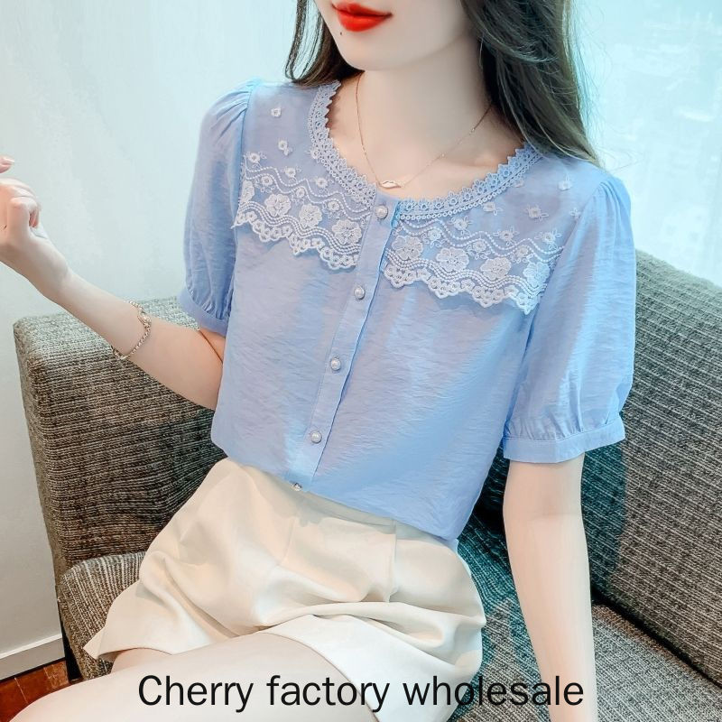แฟชั่นผู้หญิงสไตล์ใหม่เสื้อชีฟองแขนสั้นลดอายุการออกแบบสีฟ้าเสื้อผู้หญิงเสื้อผ้าท็อปส์