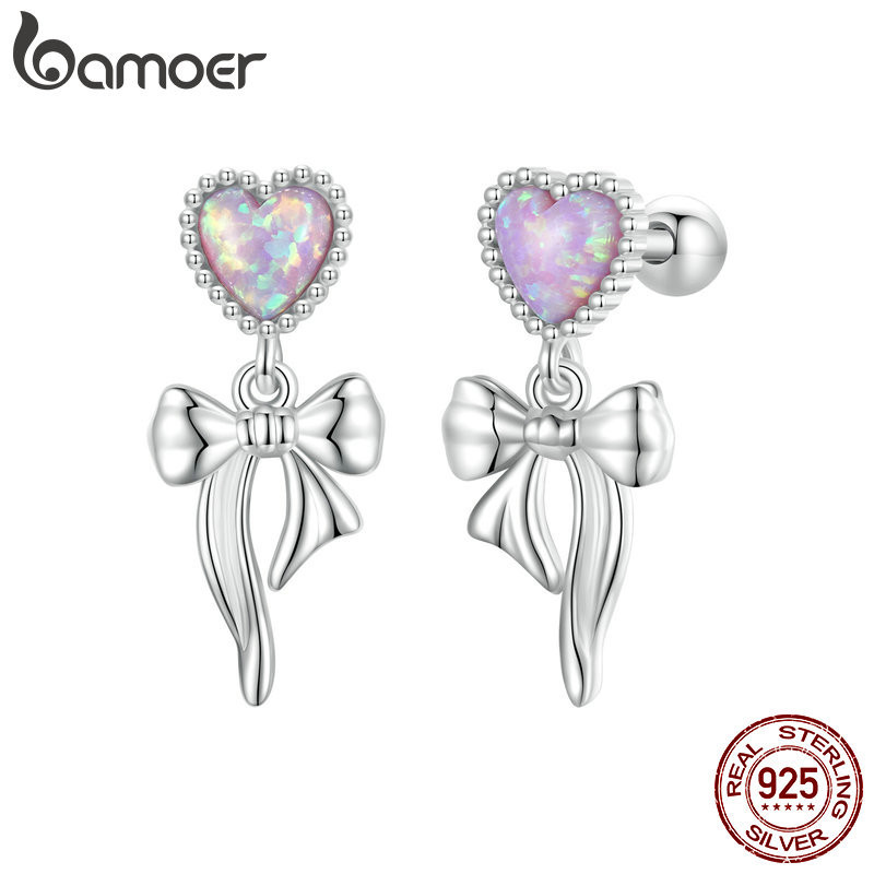 Bamoer 925 เงินสเตอร์ลิง Sliver Studs ต่างหูโอปอล Bowknot เครื่องประดับของขวัญสําหรับผู้หญิง
