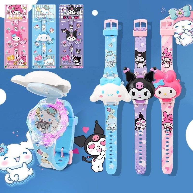 2024 Sanrio Kuromi Melody Cinnamoroll ไฟ Led พลิกนาฬิกาเพลงสําหรับนักเรียนน่ารัก Luminous Light อิเล็กทรอนิกส์เด็กผู้หญิงนาฬิกาข้อมือ