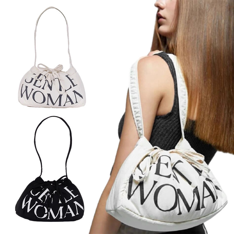 Evertoner กระเป๋าสะพายไหล่ผู้หญิง Tote กระเป๋า Drawstrings กระเป๋ากระเป๋าสะพาย GentleWoman GW พิมพ์ตัวอักษร Semi Dumpling กระเป๋า