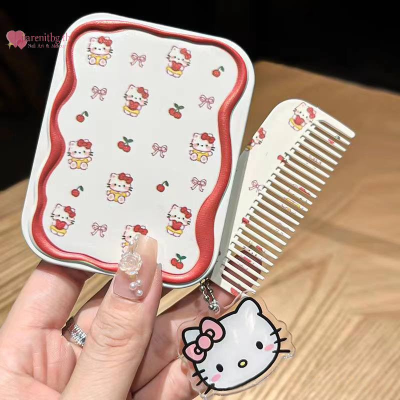 Renbg Sanrio น่ารักสีชมพู Hello Kitty พับ Clam กระจกแต่งหน้ากระจกหวีแบบพกพา Creative สําหรับผู้หญิงสาวกระจกมือถือ TH