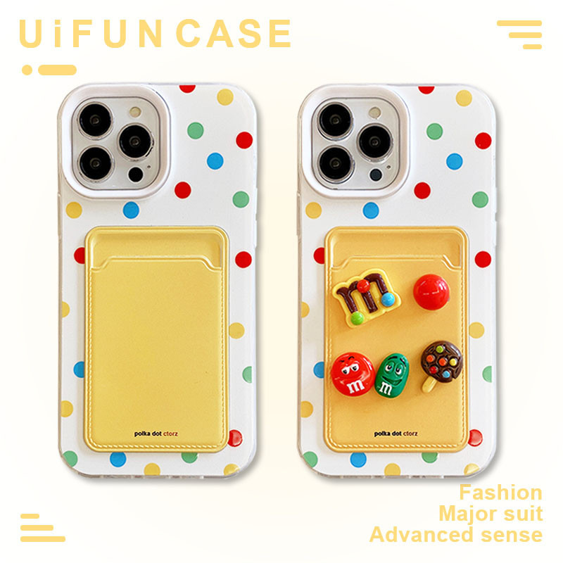 สีสัน Polka Dots 3D M & M ช็อกโกแลต 3 ใน 1 ช่องใส่การ์ดเคสโทรศัพท์สําหรับ iPhone 15 14 Plus 13 12 11 Pro Max Xs X Xr 8 7 6 TPU + PC ฝาหลังกันกระแทกปลอกมือถือ