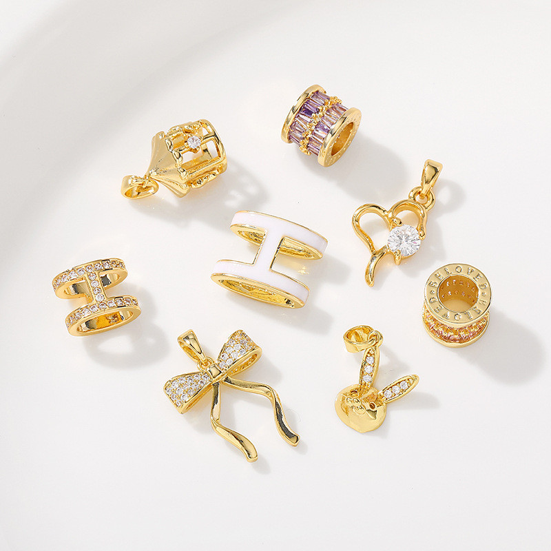18k Gold Zircon Bow Love จี้ขนาดเล็กลูกปัด Handmade diy สร้อยข้อมือสร้อยคอเครื่องประดับหูวัสดุอุปกรณ์เสริม