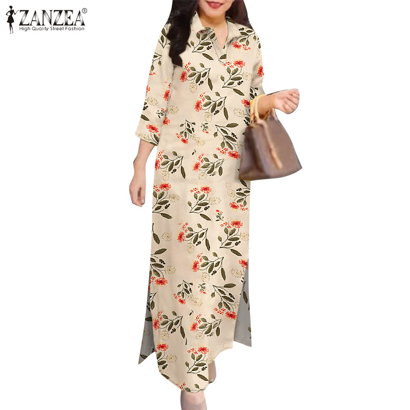 Zanzea ผู้หญิงวินเทจ Retro Turn-Down-Collar พิมพ์ลายดอกไม้ 3/4 แขน Slit Midi Shirtdress