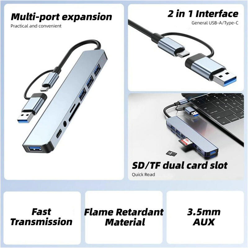 8 in 1 อะแดปเตอร์ฮับ USB+Type C HUB USB C เป็น USB 3.0 การ์ดรีดเดอร์ SD TF pd HUB 3.5 มม.สำหรับโทรศัพท์ม