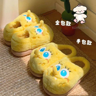Xixtiao รองเท้าแตะผ้าฝ้าย SpongeBob SquarePants ฤดูใบไม้ร่วงฤดูหนาวสไตล์ Baotou ขนแกะในร่มนุ่มหนา-