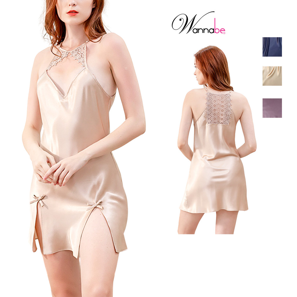 ชุดนอนผ้าไหม อยากเป็น คล้องคอและหลังด้วยลูกไม้น่ารักเพื่อเพิ่มความเป็นผู้หญิงเย้ายวน DNS43