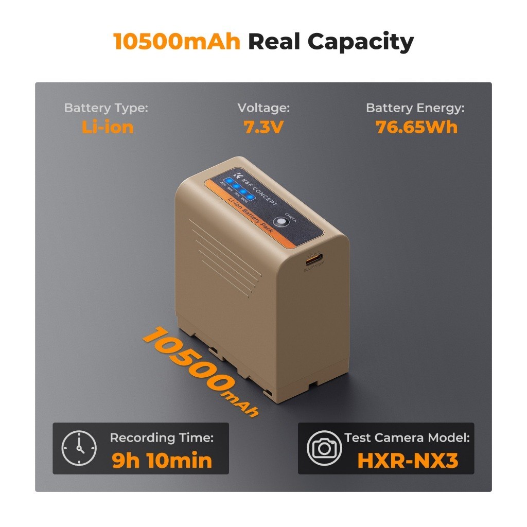 K&F CONCEPT แบตเตอรี่กล้อง Sony NP-F970 ความจุ 10500mAh พร้อมพอร์ตชาร์จ Type-C