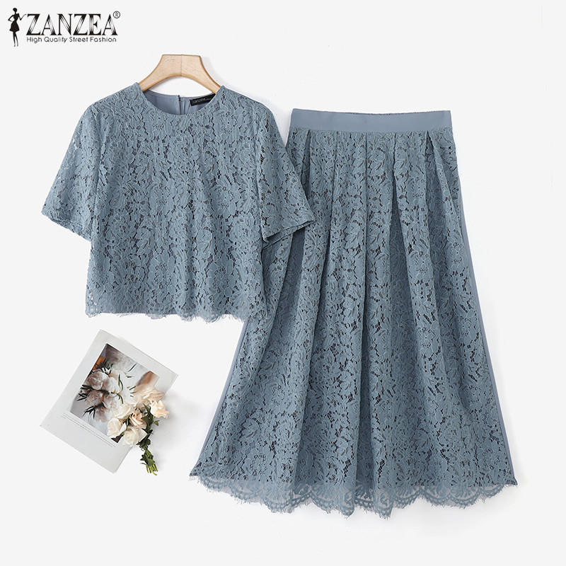 Zanzea ผู้หญิงแขนสั้นลําลองลูกไม้ Patchwork A-Line กระโปรงฤดูร้อนชุดสองชิ้น — صورة 5