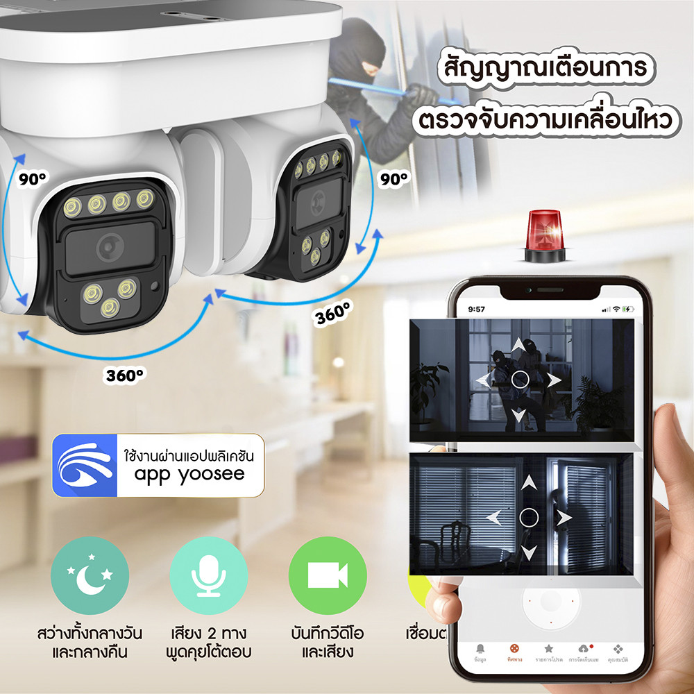 FNKvision YOOSEE เลนส์คู่ กล้องวงจรปิดอั Full HD 12MP เลนส์คู่หมุนคู่ กันน้ำ IP67 กลางคืนภาพสี หน้าจอคู่เลนส์คู่ 360องศา