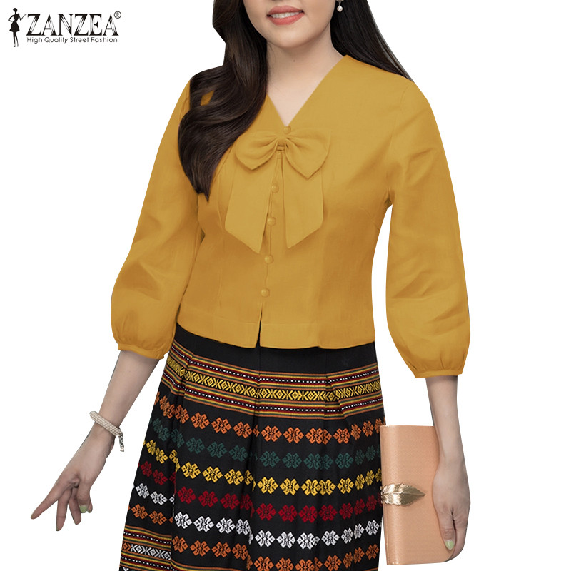 ZANZEA ผู้หญิงเกาหลี Ladylike V คอ Bowknot ตกแต่งปุ่มรวบรวมเสื้อเอว