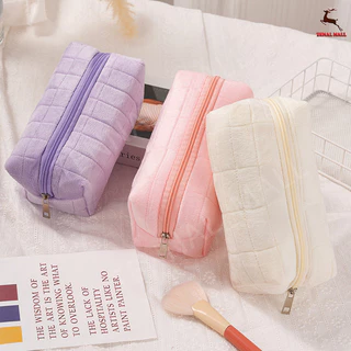 กระเป๋าเครื่องสําอาง สีพื้น มีซิป ลายตาราง สวยหรู เหมาะกับการเดินทางกลางแจ้ง